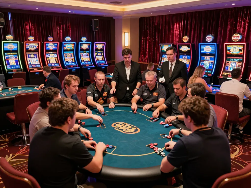 Players engaging in games at 888NEW casino, vibrant atmosphere with poker tables.