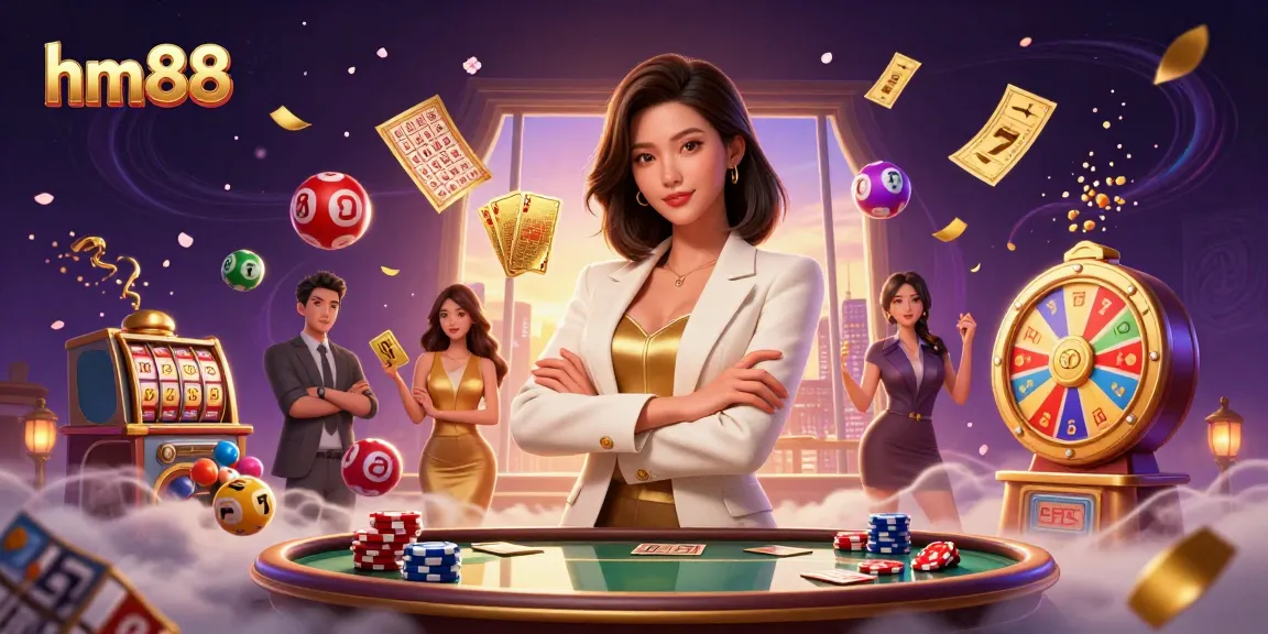 Join the vibrant gaming action at hm88 with this stunning illustration of a professional Asian woman and dynamic casino elements.
