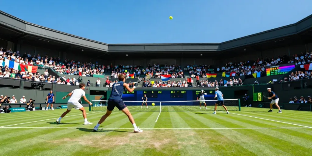Exciting tennis action at a lively stadium, capturing the essence of https://statymuzona.lt/ live sports betting.
