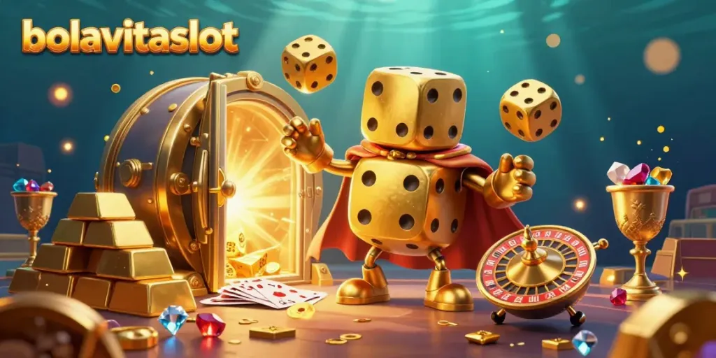 Experience thrilling gameplay at bolavitaslot with a vibrant casino scene featuring golden treasures and cartoon characters.