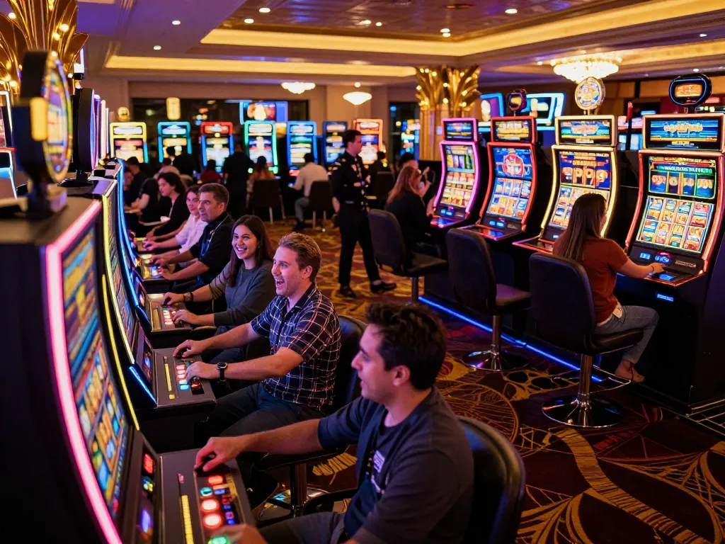 kerajaanslot players celebrating wins on colorful slot machines amidst vibrant casino atmosphere