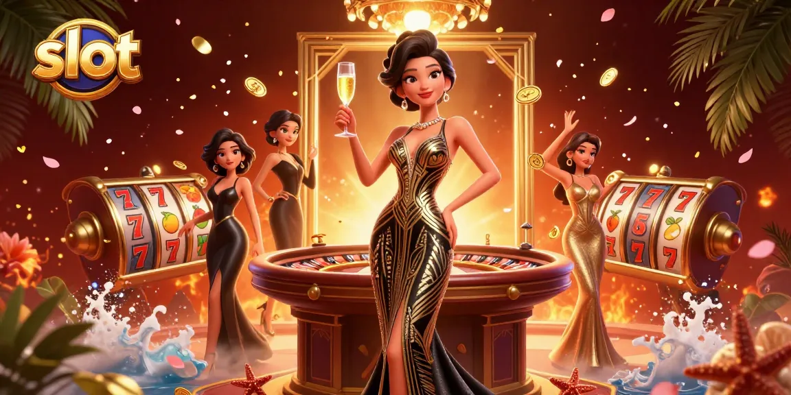 Spin the slot reels with vibrant symbols and coins while enjoying luxury at this glamorous casino scene.