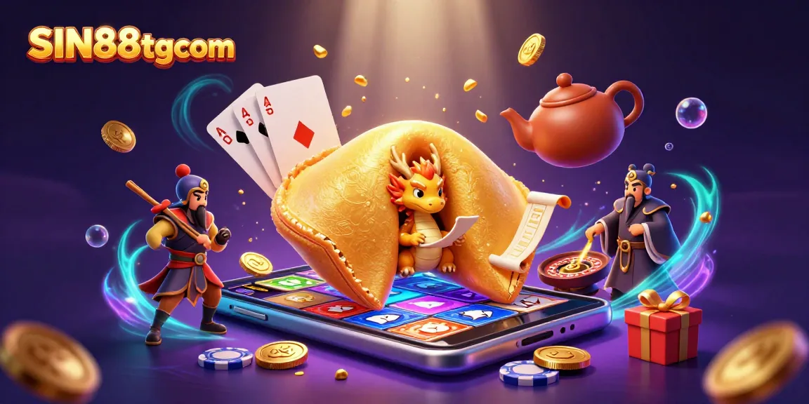 SIN88tgcom showcases a vibrant 3D casino scene with a dragon and golden fortune cookie amidst dynamic gaming elements.