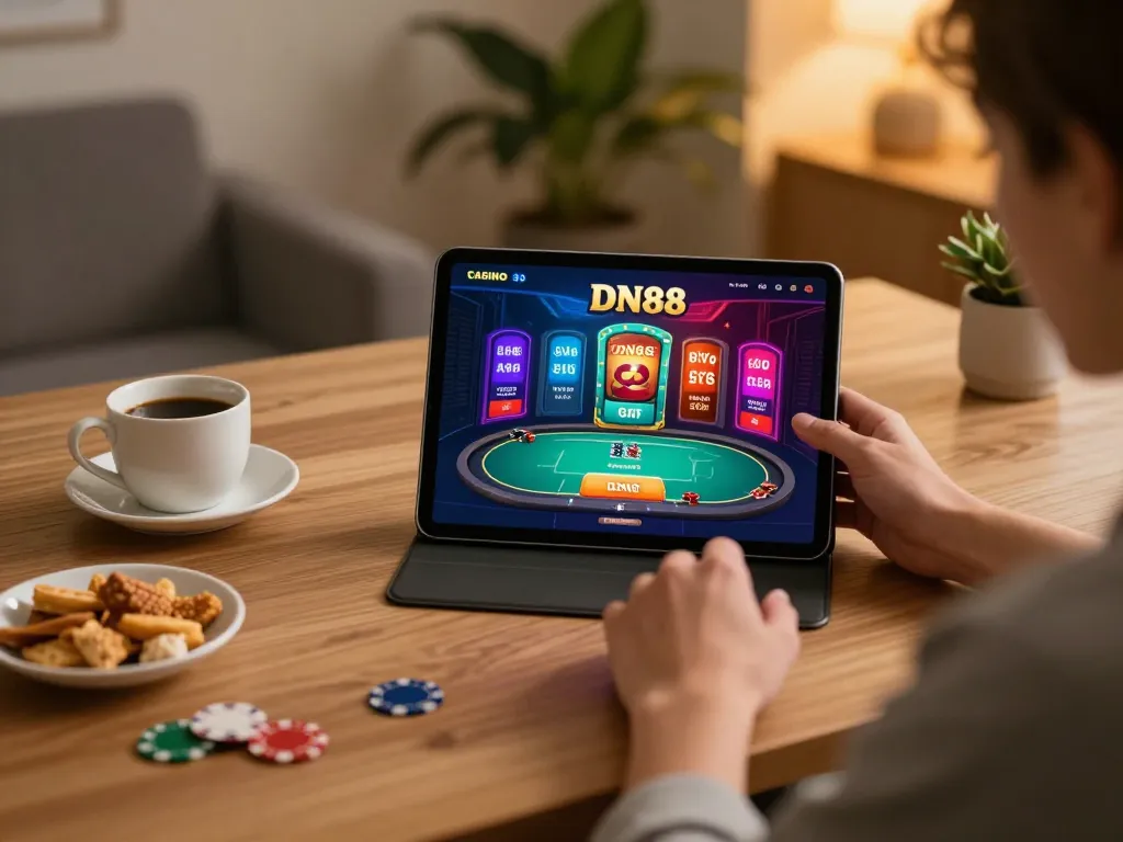 Engaging in the DN88 casino app for strategic gaming at home, showcasing a cozy setup.