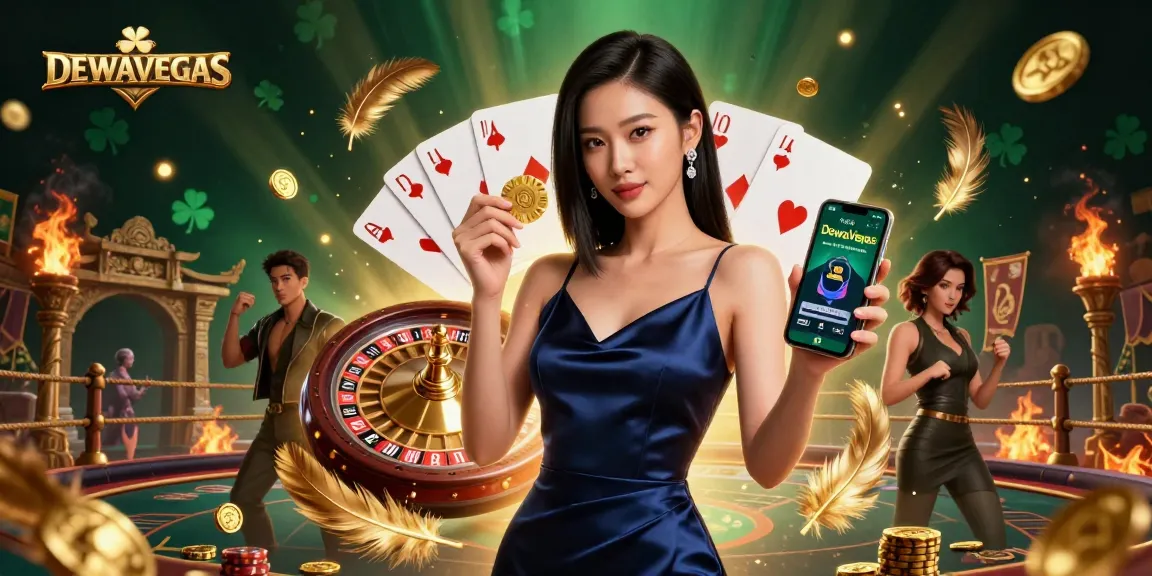 Engage in thrilling gameplay at DewaVegas, showcasing a confident Asian woman and immersive casino elements.