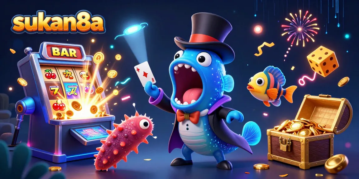Sukan8a showcases a vibrant casino scene with a mesmerizing sea creature magic act amidst slot machines.