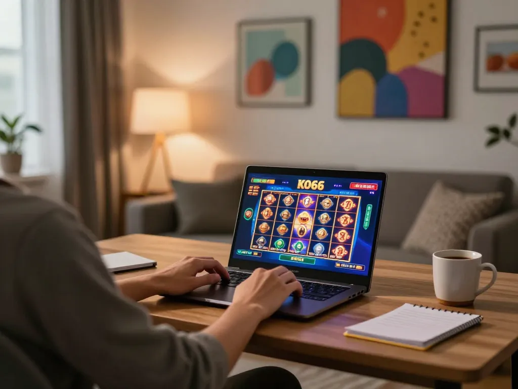 Player engaging in KO66 online casino slot game at home desk with warm lighting.