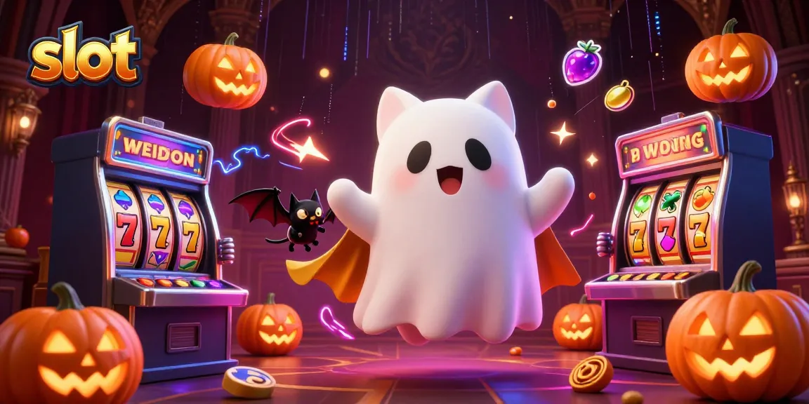 Spin slot reels with a friendly ghost cat and a vampire bat in a haunted casino mansion.