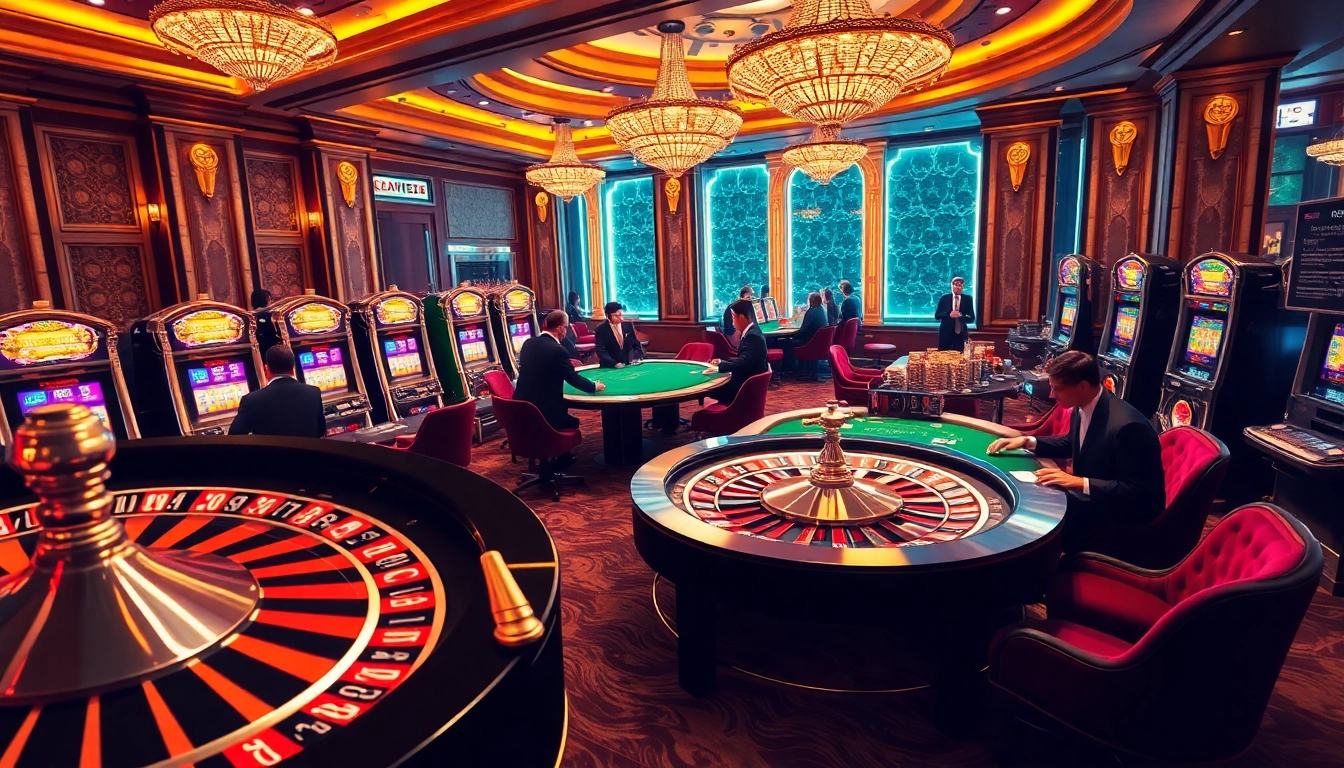 C168 casino scene featuring an elegant roulette wheel and blackjack table with players.