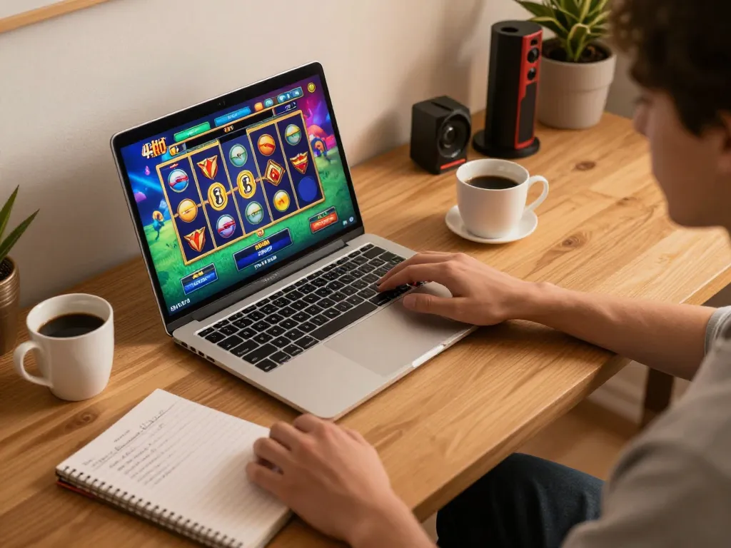 Engaging in exciting slot 4d gameplay at home on a laptop with strategy notes visible.