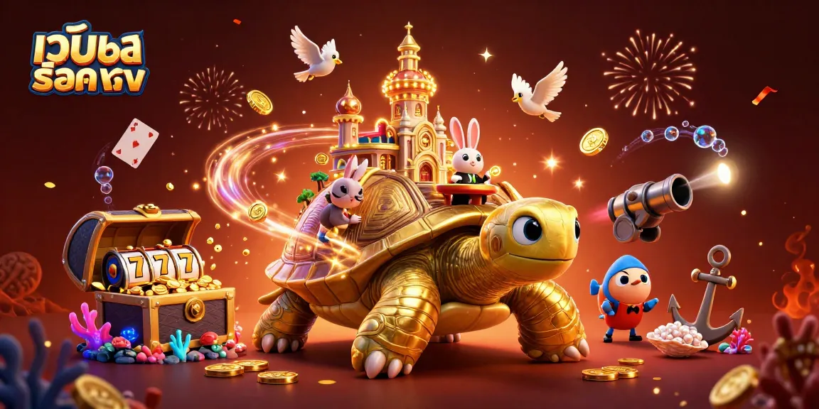 Experience เว็บสล็อตตรง in a vibrant 3D illustration of a golden tortoise casino