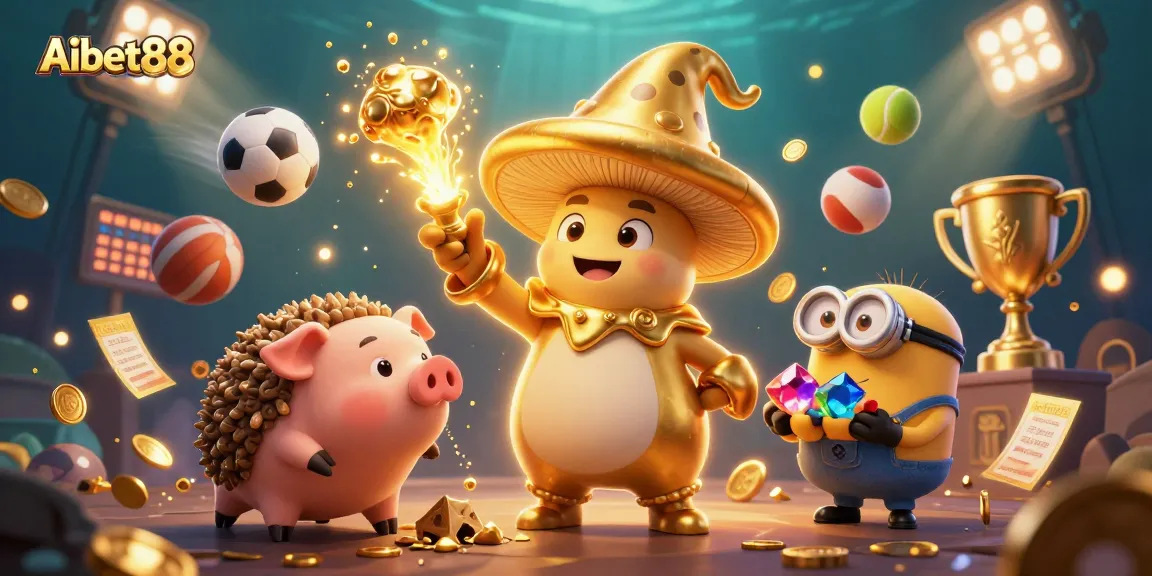 Aibet88 casino scene with treasure hunting wizard, sports balls, and magical elements enhancing gaming excitement.