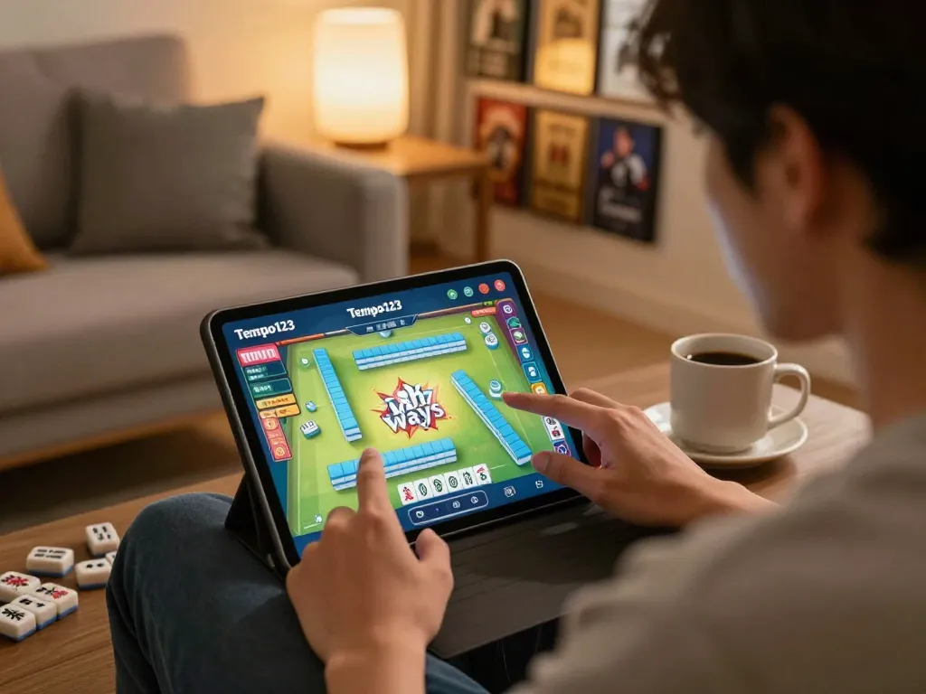 Engaged player enjoying Tempo123 Gacor Mahjong Ways on tablet in cozy home setting.