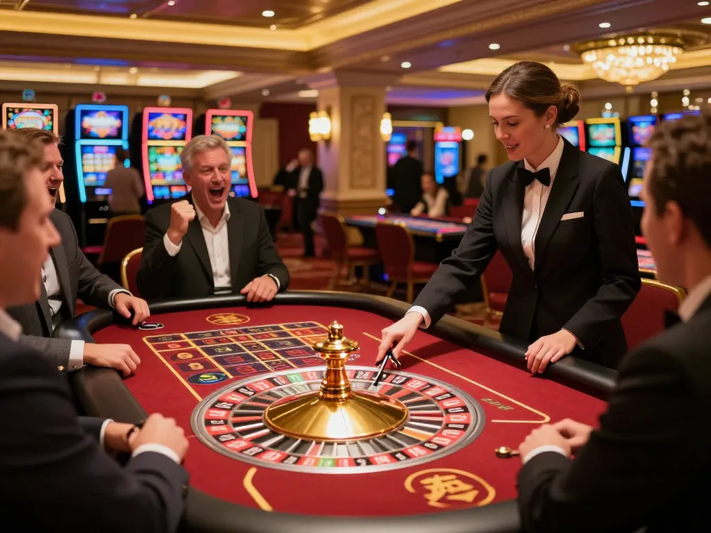 Players eagerly placing bets at the roulette table in a luxurious casino, dh 88 atmosphere alive with excitement and warm lighting.