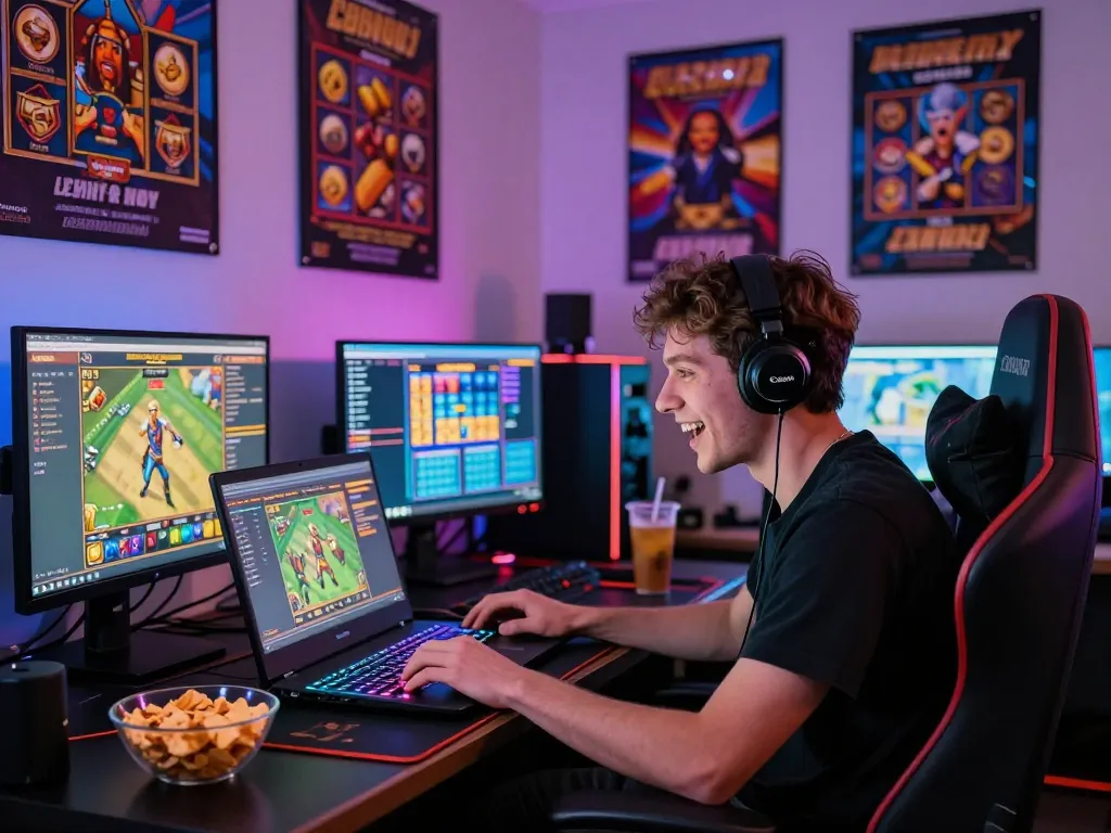 Gamer muda yang terlibat dalam pengalaman permainan online situs gacor dengan lampu berwarna-warni dan camilan.