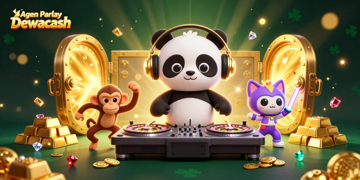 Agen Parlay Dewacash showcases an exciting casino scene with a DJ panda, breakdancing monkey, and dancing kitten
