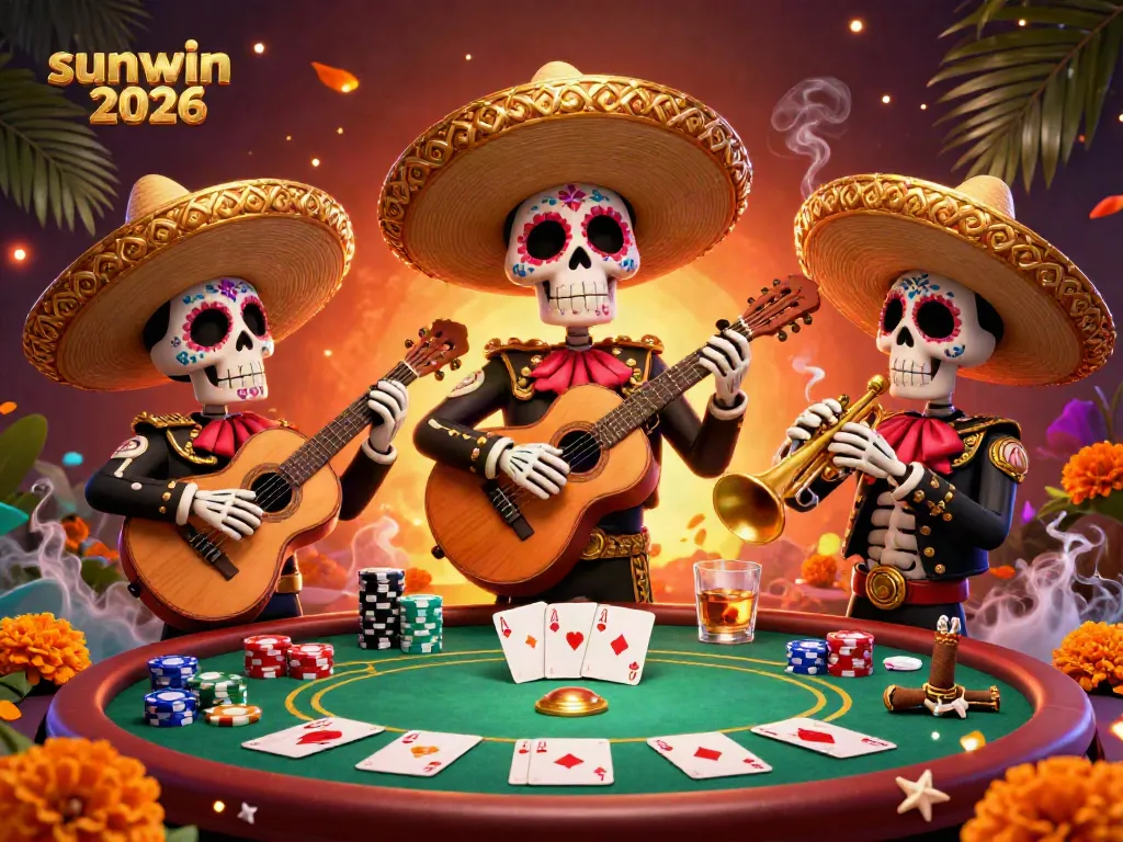 Experience sunwin 2026 with vibrant skeleton mariachi band playing amid colorful casino elements.