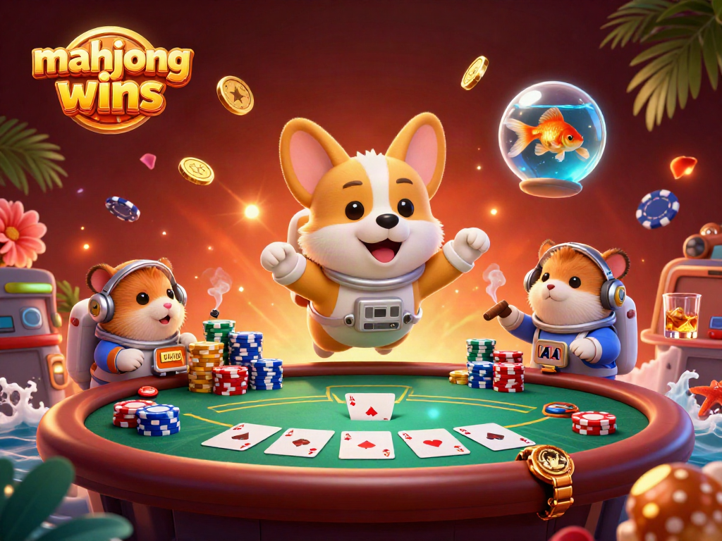 Experience mahjong wins with a fun scene showcasing an astronaut corgi amid floating poker elements.
