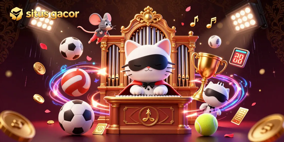 Experience the excitement of situs gacor with a dynamic casino scene featuring a phantom cat at a grand organ, lively sports elements, and riches.