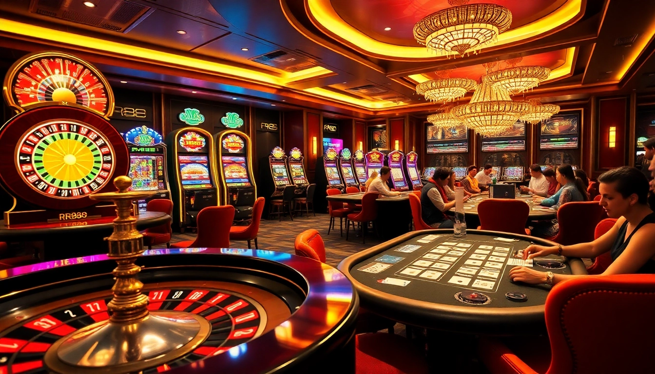 Engage in thrilling gaming activities at trang chủ rr88 featuring vibrant casino tables, roulette wheels, and online betting interfaces.