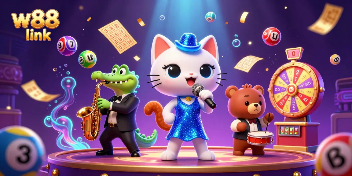 Experience the excitement of W88 link with a vibrant casino scene featuring performing animals and lottery elements.