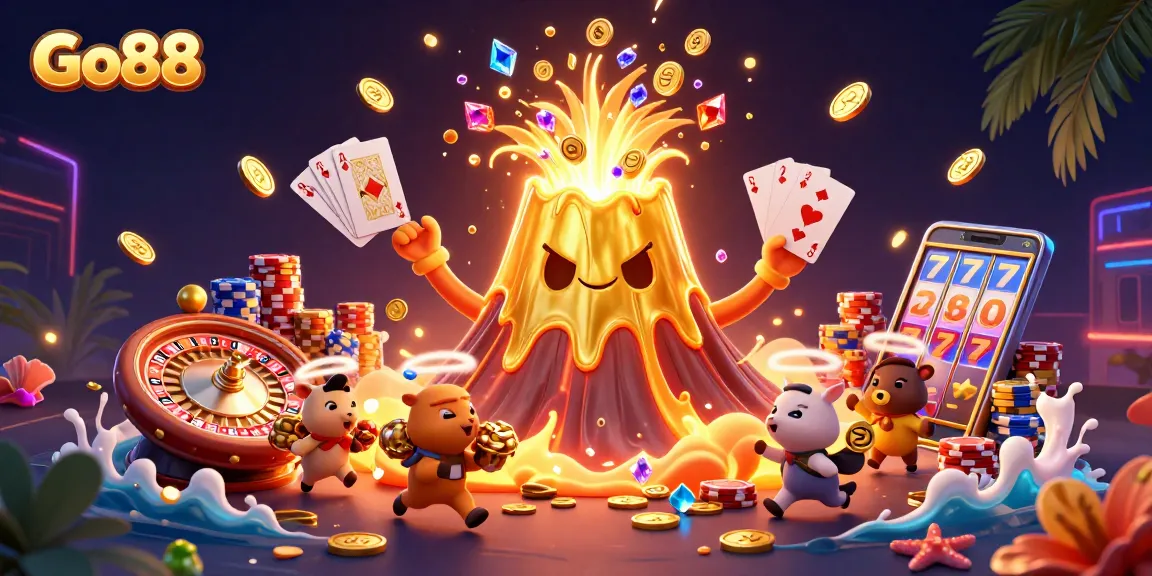 Engage in exciting gameplay at Go88 with vibrant illustrations of a golden volcano, coins, and treasure.