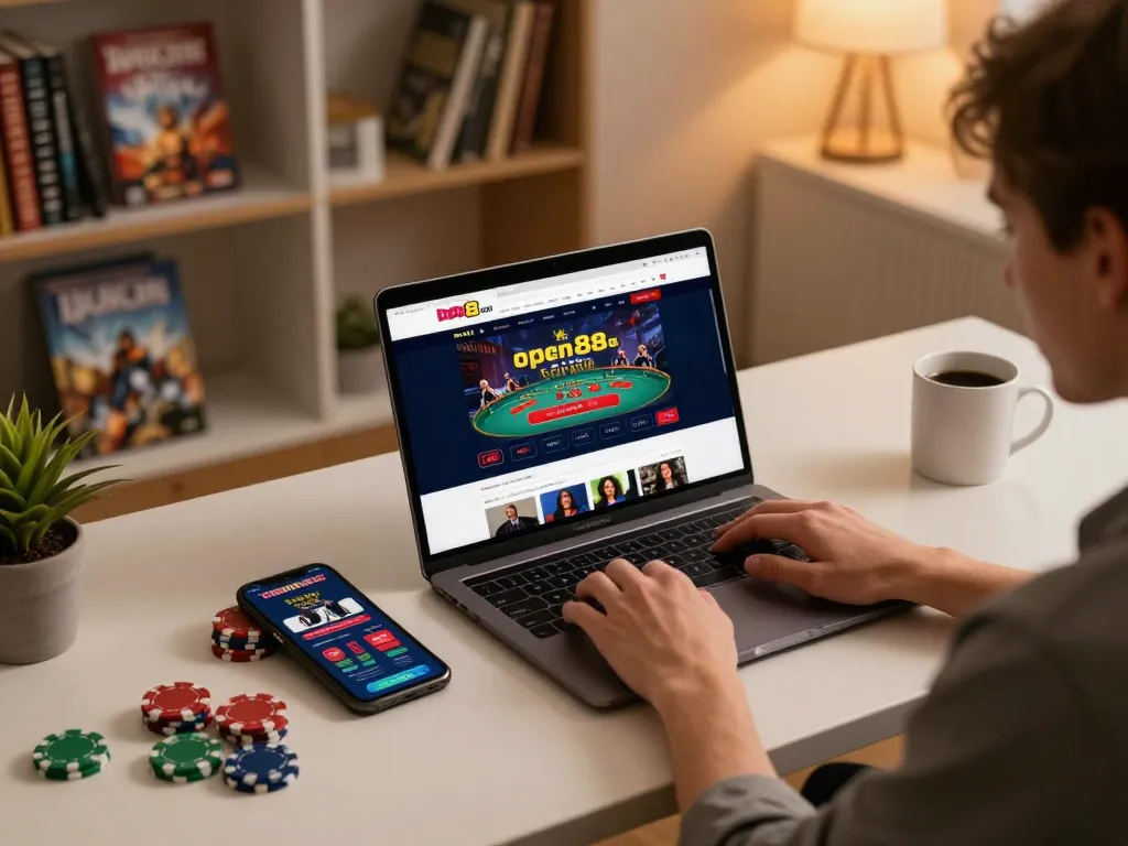 Player engaged in online gaming session at open88.com with laptop interface showing active casino games and poker chips