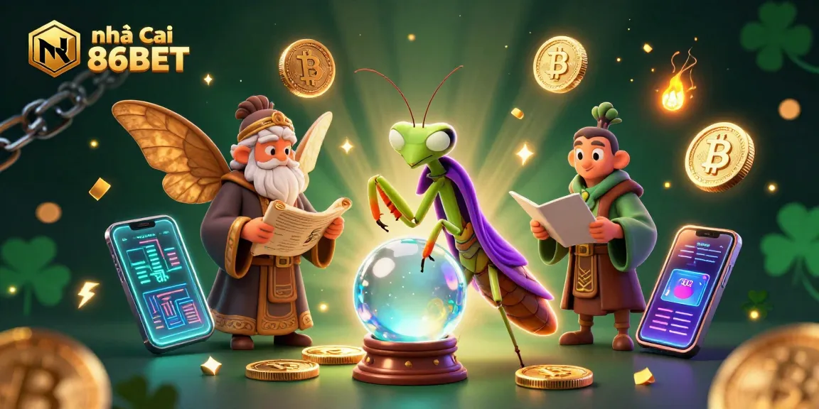 Engage with the vibrant scene showcasing nhà cái 86BET, a mystical casino atmosphere filled with fortune-telling and cryptocurrency elements.