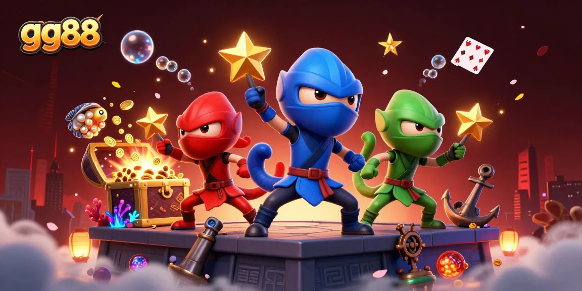gg88 showcases chameleon ninjas performing stunts amid vibrant casino game treasures.