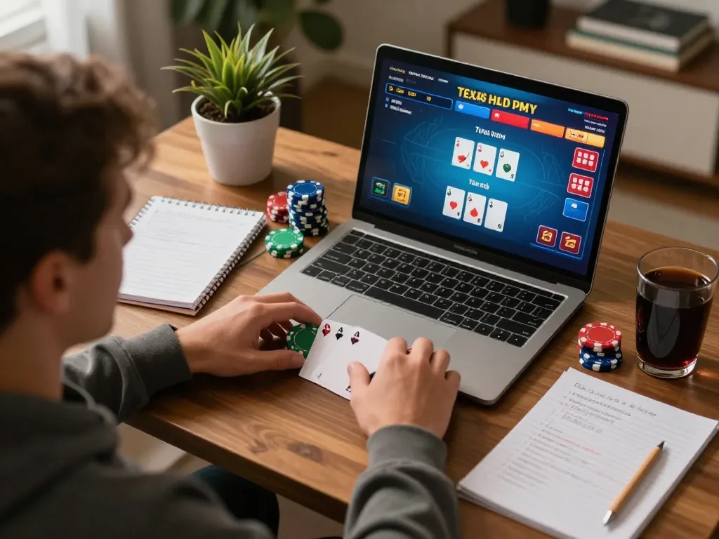 Online poker gameplay at home, engaging with okfun platform featuring laptop, chips, and strategy notes.