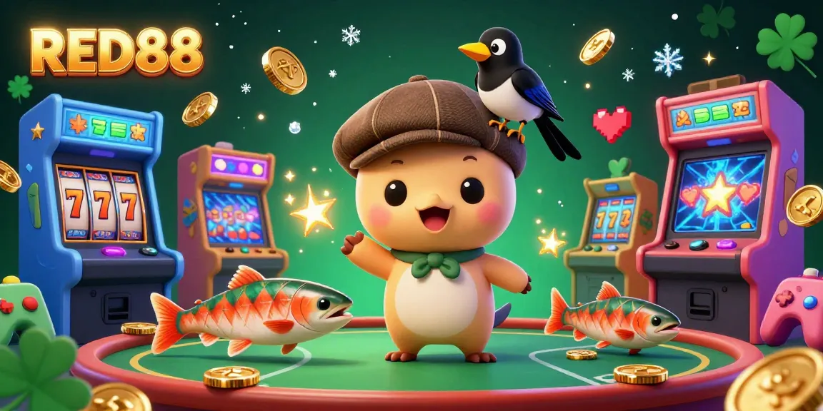 Engage in the exciting world of gambling with RED88, as cartoon characters explore vibrant slot machines and gold-filled adventures.