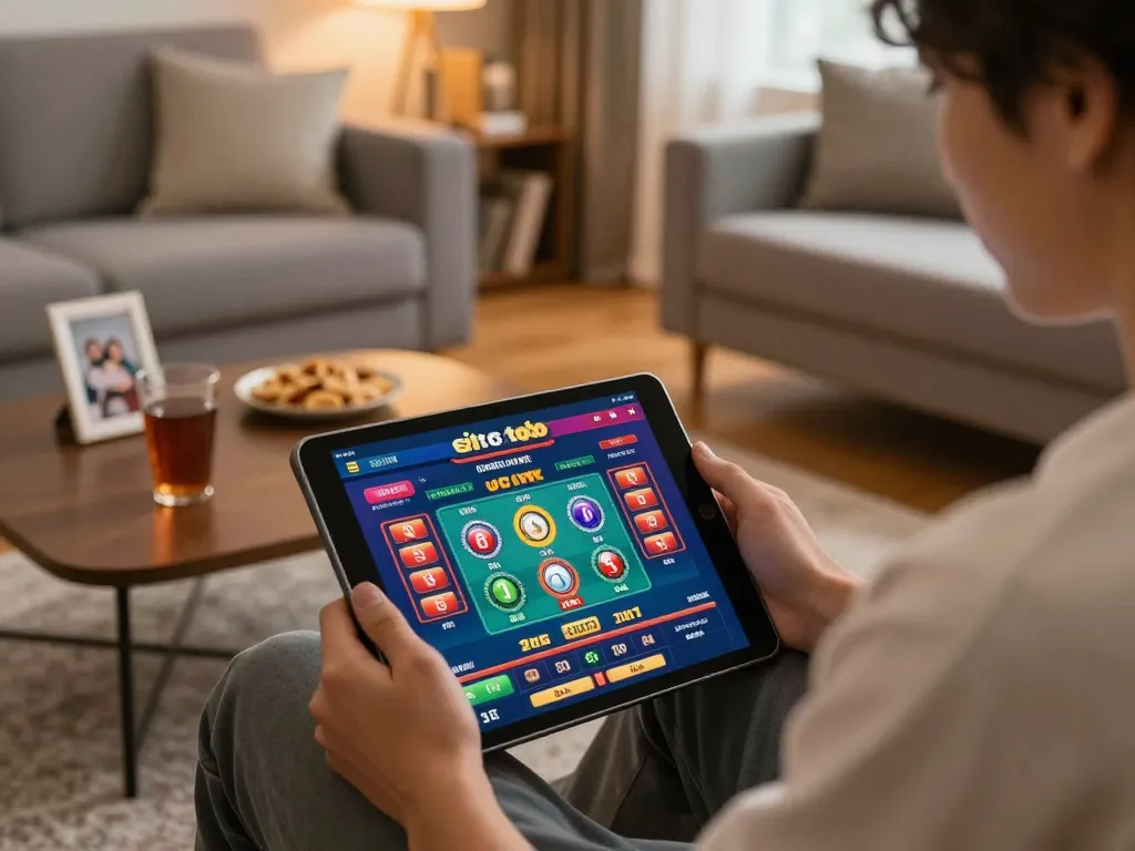 Situs toto adegan permainan tablet yang menampilkan seorang pemain yang secara strategis menempatkan taruhan di lingkungan yang nyaman.