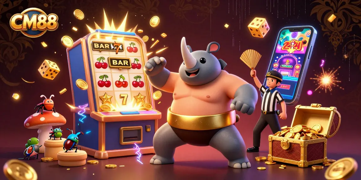 Catch the excitement at CM88 with a dynamic illustration of a rhinoceros beetle champion amidst a slot machine explosion.