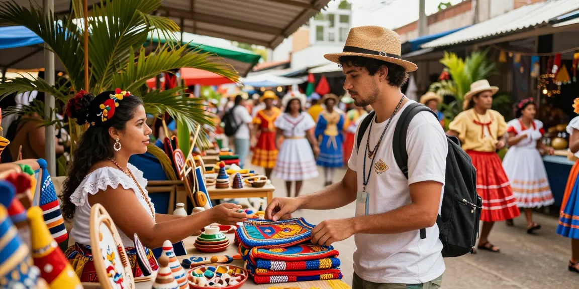Pengunjung pasar Parintins melihat keluaran HK yang meriah dengan kerajinan tradisional.