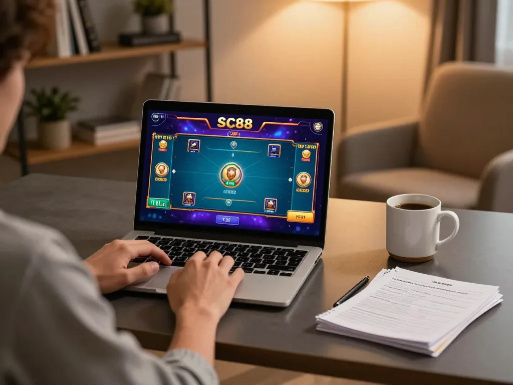 Enjoying a strategic poker game on SC88 platform in a cozy home setup.