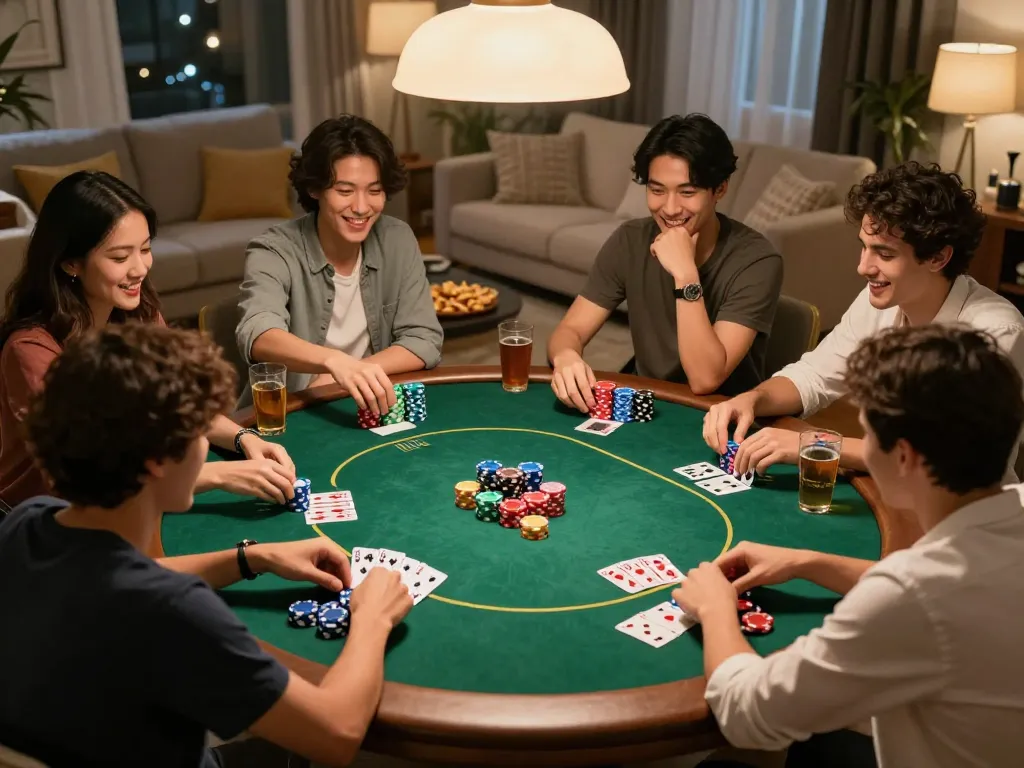 Friends enjoying poker night with kp88-style competitive spirit, vibrant chips and warm ambiance.