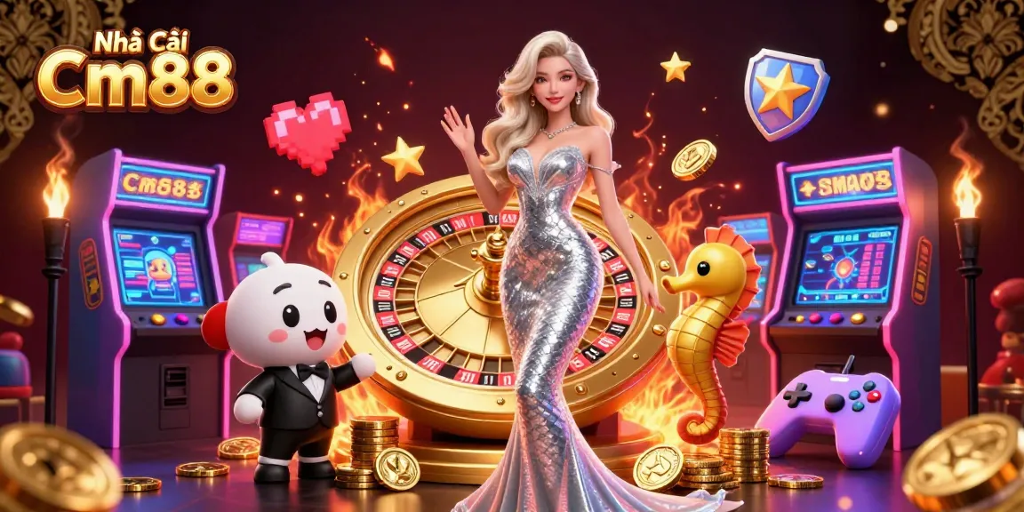Engage with Nhà Cái Cm88 at a dazzling casino scene featuring a glamorous female character and golden roulette wheel.