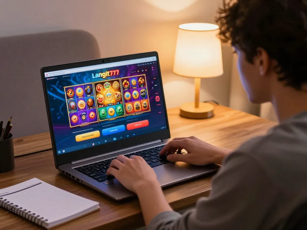 Engaged player enjoying Langit777 online casino games with a focused expression and responsible gaming plan