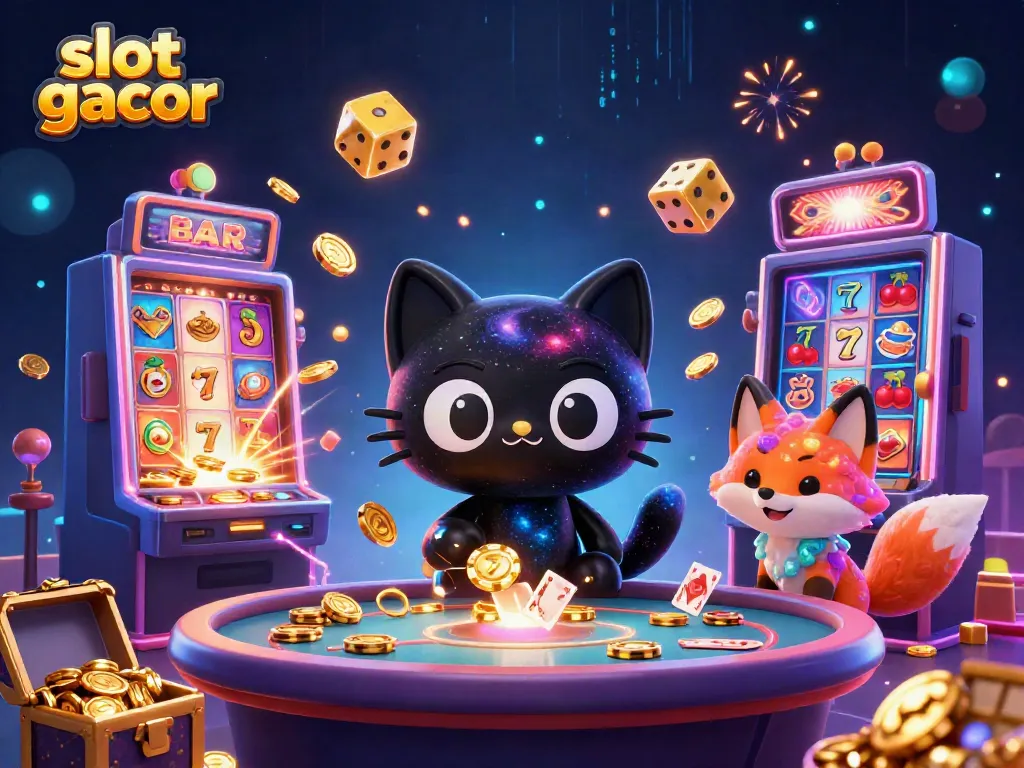 Slot gacor menampilkan kucing hitam 3D dengan elemen kasino dan fitur jackpot yang mengesankan.