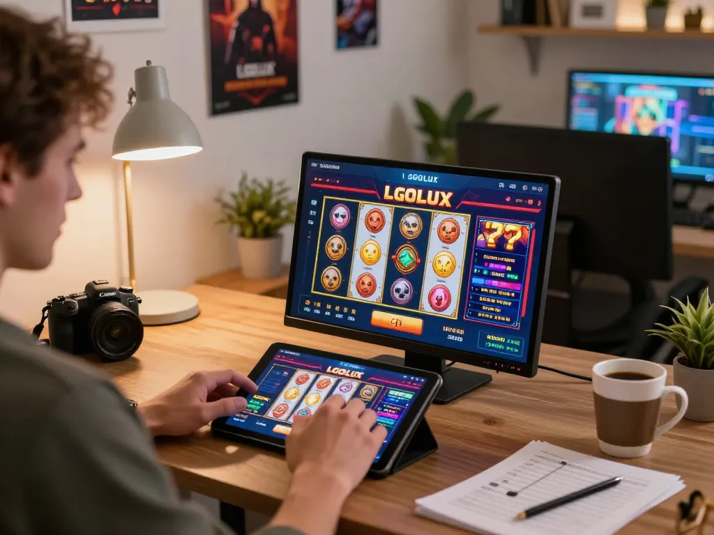 Engaging online gaming action showing LGOLUX slots interface on a tablet, capturing personal gaming setup atmosphere.