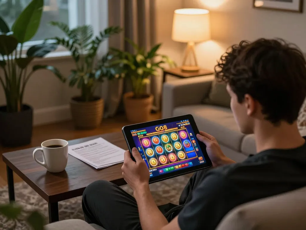 Player enjoying Go8 slots on tablet at home, showcasing engaging online casino gameplay