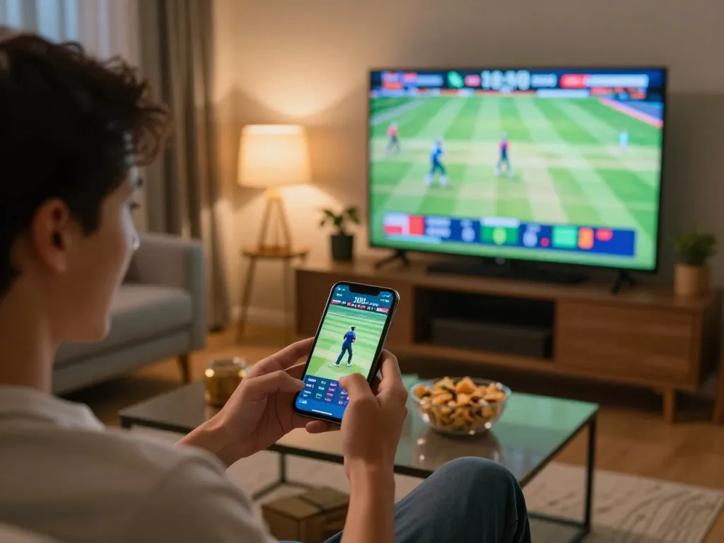 Engaged player using Jeetbuzz app to bet on cricket in home setup with warm ambiance.