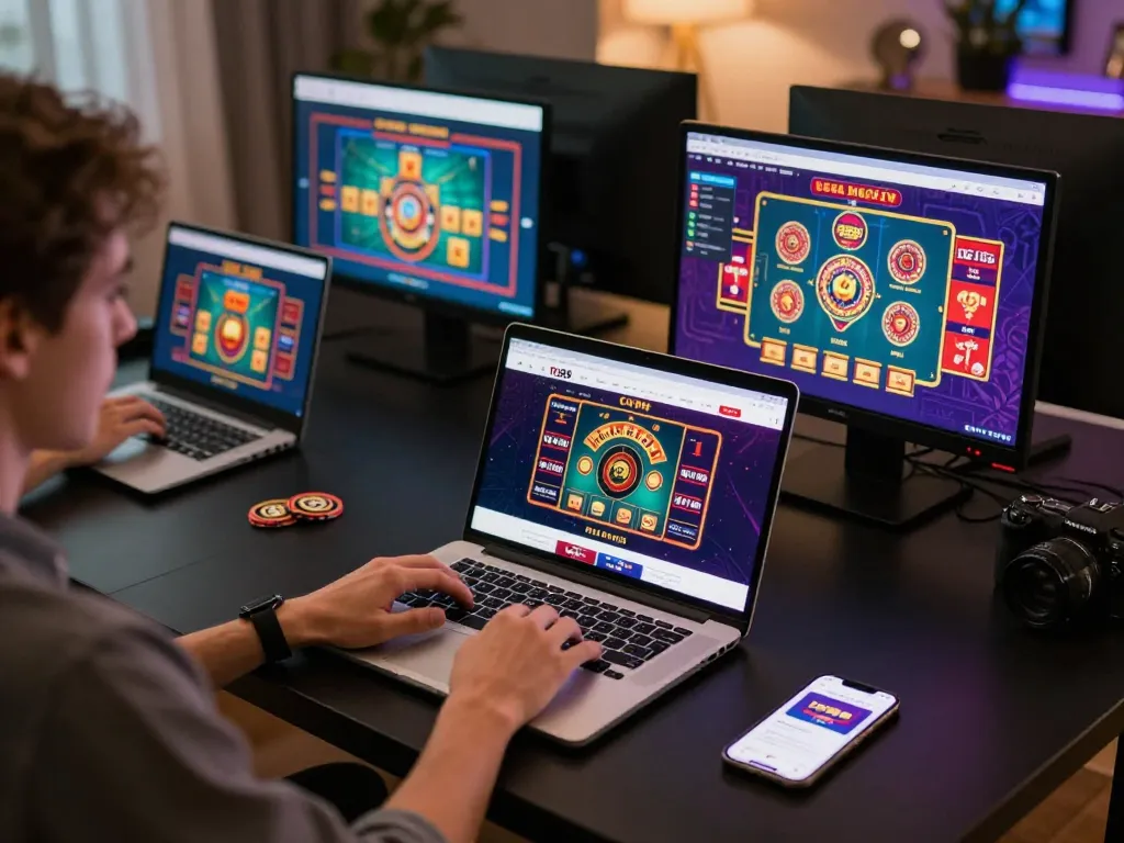 Player engaging with tg88 online casino interface on a laptop, vibrant gaming environment with welcoming atmosphere