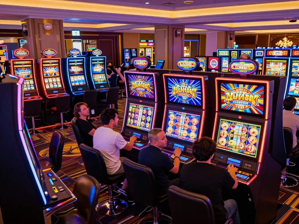A player enjoying the thrill of slot machines at 32win casino, surrounded by colorful lights and dynamic graphics, highlighting the vibrant gaming atmosphere.