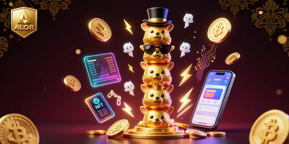 Experience ALO8's exciting features with vibrant 3D illustrations showcasing crypto gaming elements and dynamic animations.