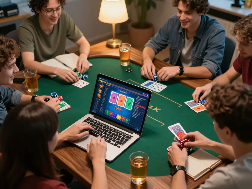 Players enjoying poker on a laptop, highlighting sc88 as a key online gambling platform.