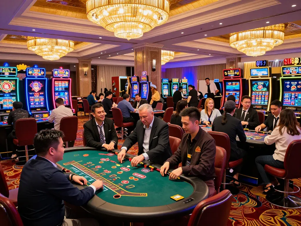 Players strategize across vibrant tables at cm88viet casino, surrounded by energetic ambiance.
