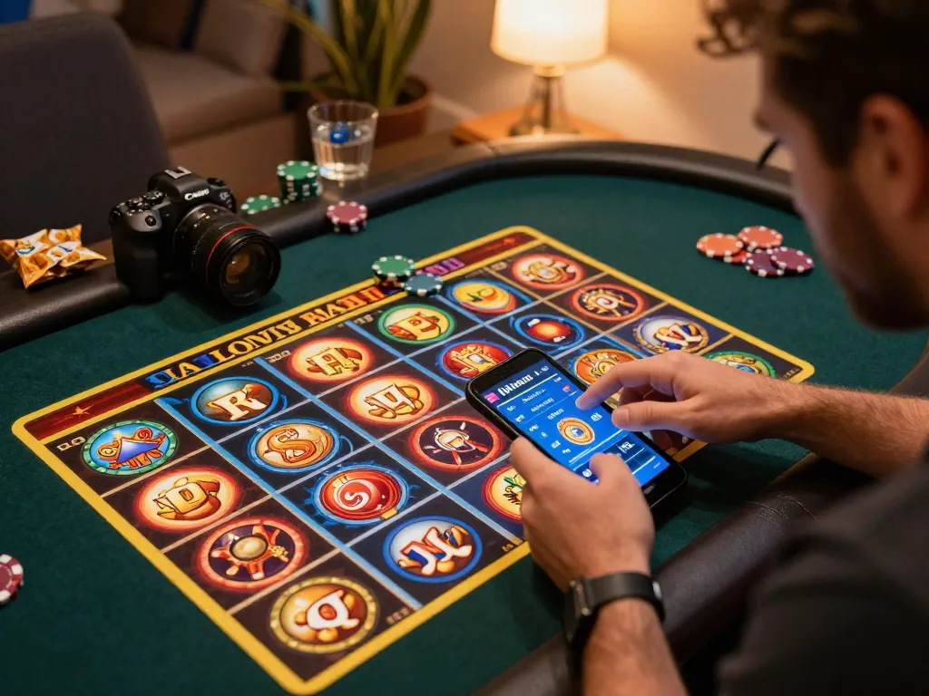 Player engaging in online casino games at home, featuring tg88 mobile interface and cozy atmosphere.