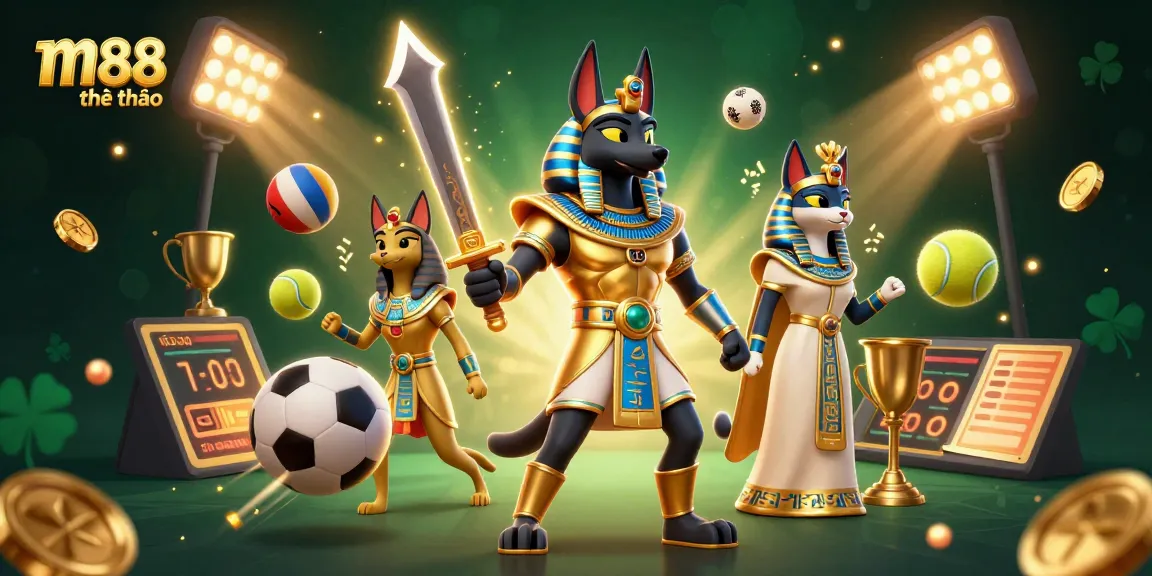 Tham gia cá cược thể thao m88 thú vị với Anubis và Bastet trong một khung cảnh casino động.