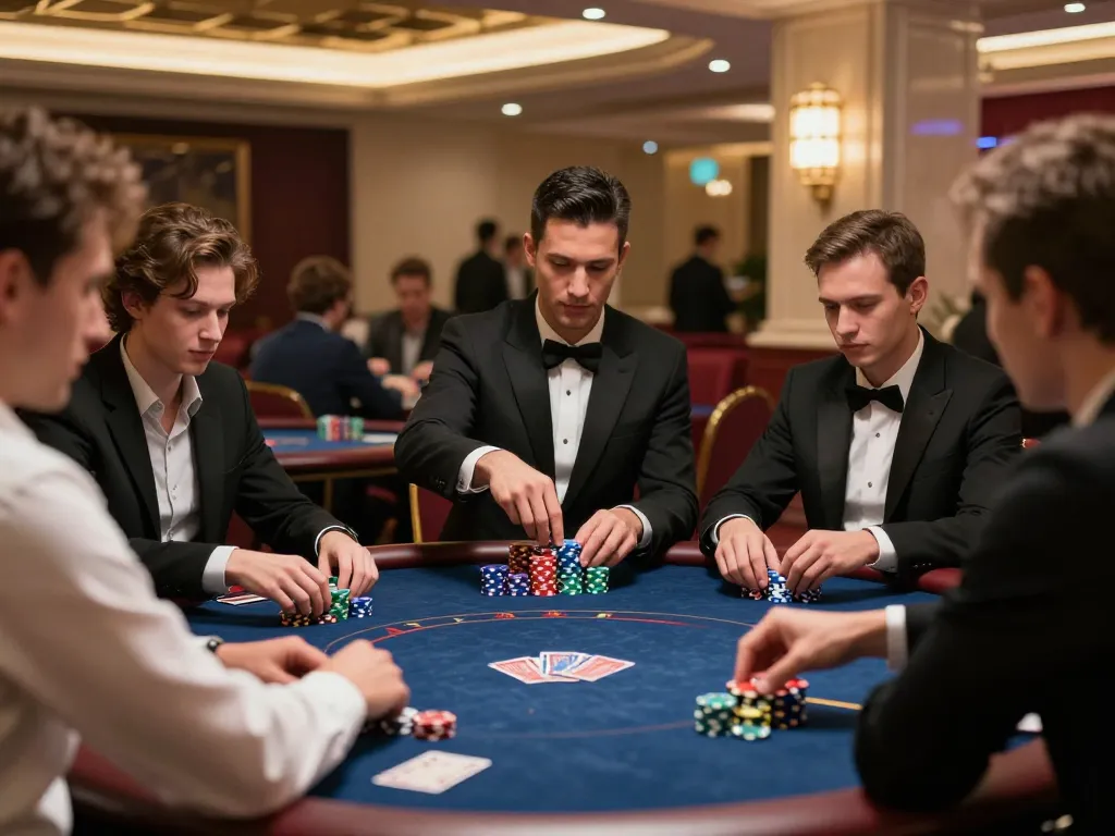 Engaged players at a tense poker table using mb88 strategies with vibrant chips and cards onscreen.
